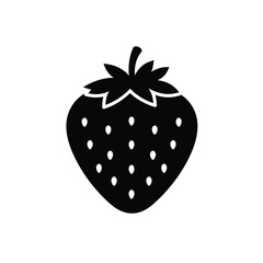 Simple Isolated Strawberry Icon in Black and White with Seeds and Stem for Design Elements