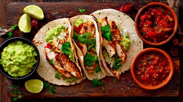 A delicious display of Mexican tacos on a wooden board with sauces.