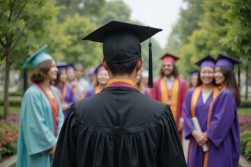 man in a graduation cap and gown standing in front of a crowd