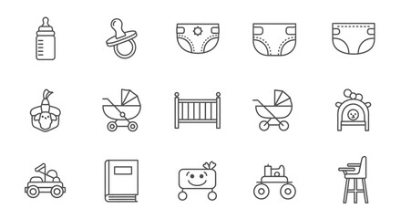 Child Care Icons Baby Bottle, Diaper, Stroller, Crib, and More