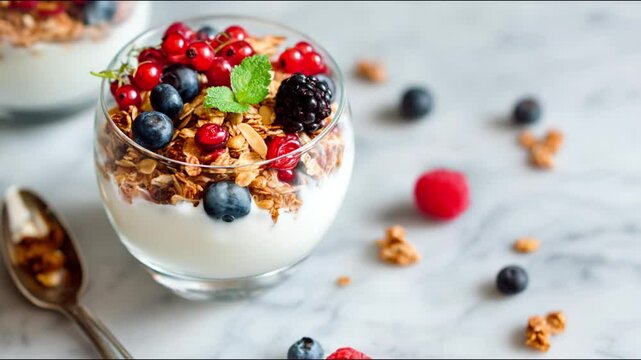 A vibrant and healthy parfait with fresh berries and granola.