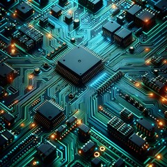 Detailed electronic circuit texture in neon green and blue, with bright backlight, digital network look, advanced technology
