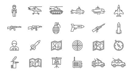 Military Icons Vector Graphics of Army Equipment, Soldiers, and Warfare