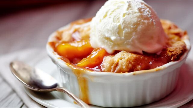 Delicious peach cobbler dessert with a scoop of ice cream.
