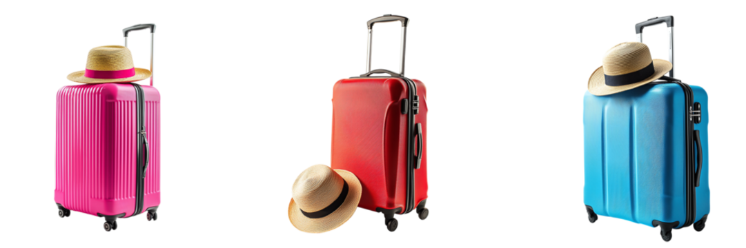 Set of different travel suitcases with beach hat isolated on transparent background PNG - Powered by Adobe