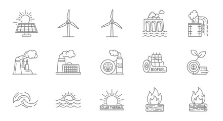Renewable Energy Icons Solar, Wind, Hydro, and Geothermal Power Illustrations