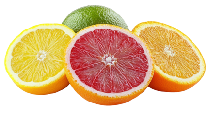 A close up of citrus fruit slices including lemon lime orange on transparent background