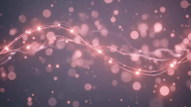 Warm blush pink fairy lights swirling in gentle arcs, softly glowing on solid shadow gray background.
