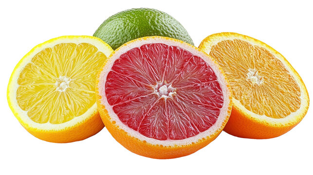 A close up of citrus fruit slices including lemon lime orange on transparent background