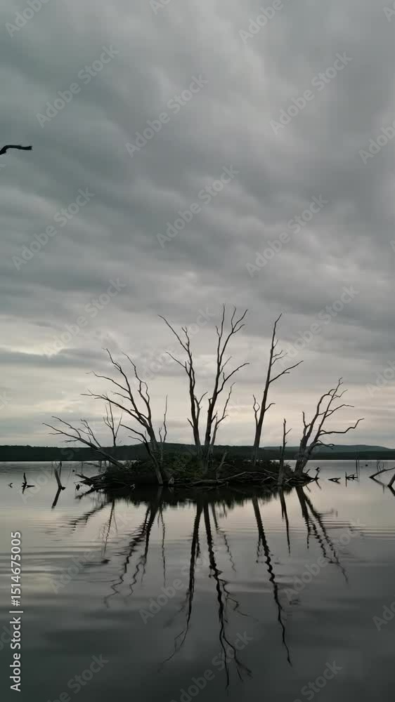 Poster desolate tiny island with gnarled bare skeletal trees rising from a glassy still lake, reflecting a 