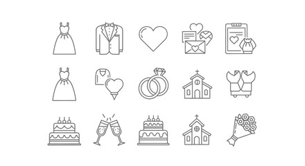 Elegant Wedding Icon Set  Vector Line Art Illustrations for Invitations, Websites, and More
