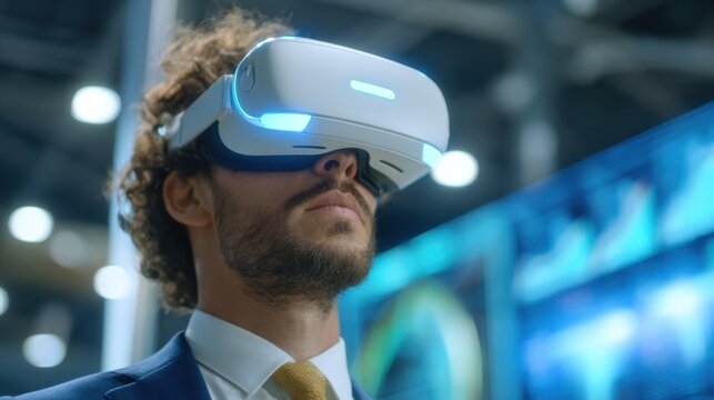 VR Businessman: Exploring the Metaverse: A focused businessman wearing a VR headset, immersed in a virtual world. The image projects a sense of futuristic technology and business innovation.