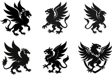 Naklejka premium Six black griffin silhouettes in various poses, perfect for heraldry, logos, tattoos, and fantasy designs. High-resolution vector illustration.