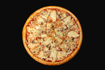 Pizza with chicken and olives cheese and mushrooms round shape on a wooden board