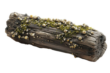 A close-up of a moss-covered log with barnacles, showcasing natural textures and earthy colors Isolated on transparent Background