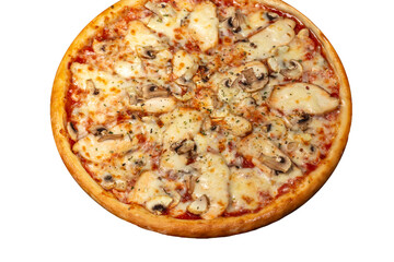 Pizza with chicken and olives cheese and mushrooms round shape on a wooden board