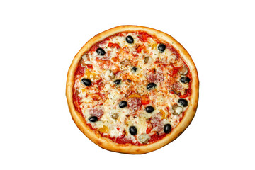 Pizza with chicken and olives cheese and mushrooms round shape on a wooden board