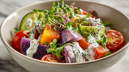 Cold vegetable salad bowl with yogurt drizzle and microgreens, clean marble table