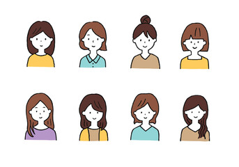 若い女性の手描きイラストセット（上半身）