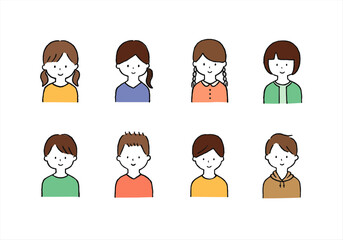 いろんな子供 男女の手描きイラストセット（上半身）