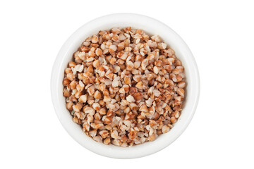 Boiled buckwheat in a ceramic bowl isolated on white background. Top view. Flat lay