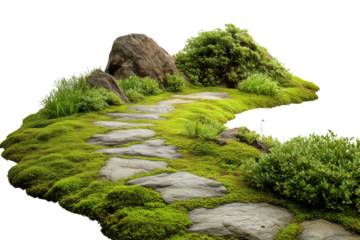 A serene stone path surrounded by lush green moss and vibrant plants, creating a peaceful outdoor atmosphere.
