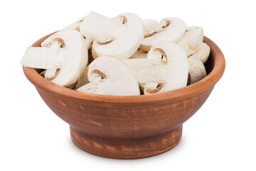 Fresh mushroom champignon slices in a ceramic bowl isolated on white background