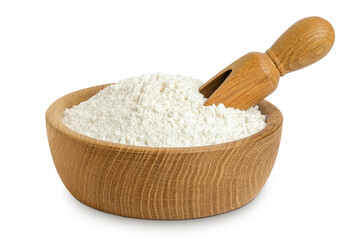 White flour in wooden bowl isolated on white background