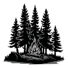 Black and White Engraving of Campfire Surrounded by Tall Pine Trees in Forest