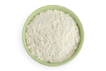 White flour in ceramic bowl isolated on white background. Top view. Flat lay.