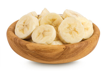 peeled banana pieces in wooden bowl isolated on white background