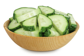 Sliced cucumber in wooden bowl isolated on white background with full depth of field
