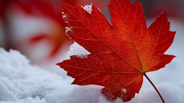 Close up of a vibrant red Maple leaf resting on fresh white snow during winter, showcasing seasonal contrast and botanical details