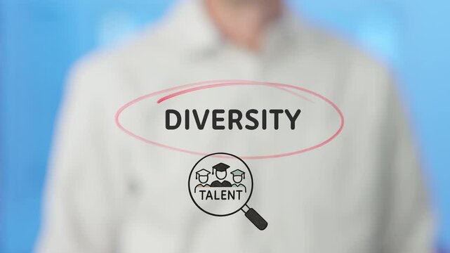 University professor circles the word diversity written on a transparent board with a marker, emphasizing the importance of talent search and inclusivity in education