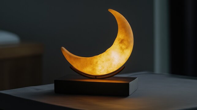 Crescent moon night light placed on corner table, radiating gentle hue