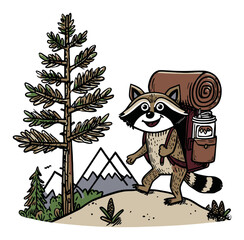 Whimsical Raccoon Character Embarking on an Outdoor Adventure in Nature Scene