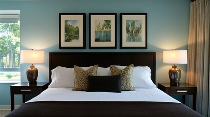 King-sized bed with dark brown headboard and contrasting light blue wall