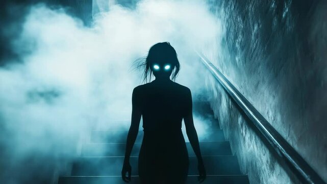 Creepy silhouette of a woman with glowing eyes walking down a staircase enveloped in a mysterious fog, creating a chilling and eerie atmosphere