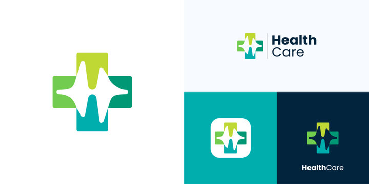 Plus shape with pulse in negative space, logo icon design vector element editable, Modern cross symbol with color shades for medical health care center, hospital, brand identity and business company