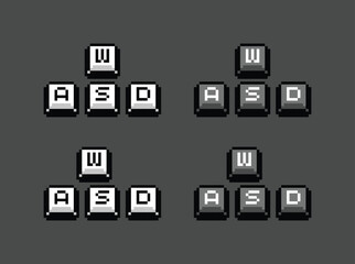 Retro pixel W A S D keyboard keys, gaming control icons in black and white, isolated on background