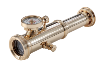 Metallic telescope with compass on transparent background.