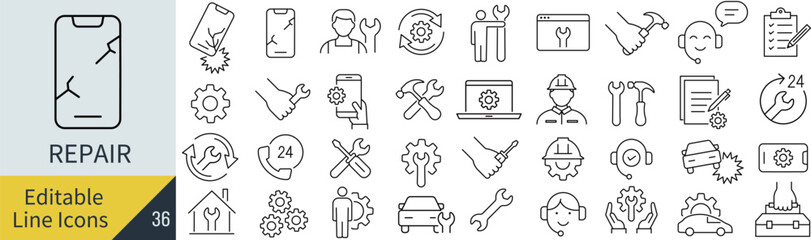 線の編集ができる修理に関するアイコンセット（アウトライン化していない）
