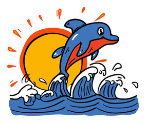 Naklejka premium Colorful Dolphin Leaps Over Waves Beneath a Bright Sun in a Fun Drawing Illustration