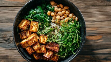 Plant-based protein bowl with beans, tempeh, wild greens, flat lay, isolated look