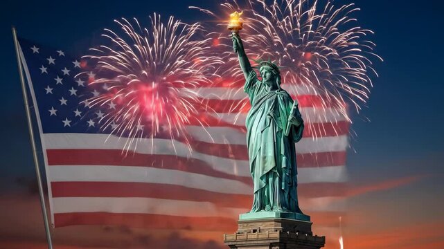American Statue of Liberty stands tall amidst fireworks and evening sky. USA flag in background, as symbol democracy freedom, celebration of unity. 4th of July, Memorial, Labour, Independence Day.