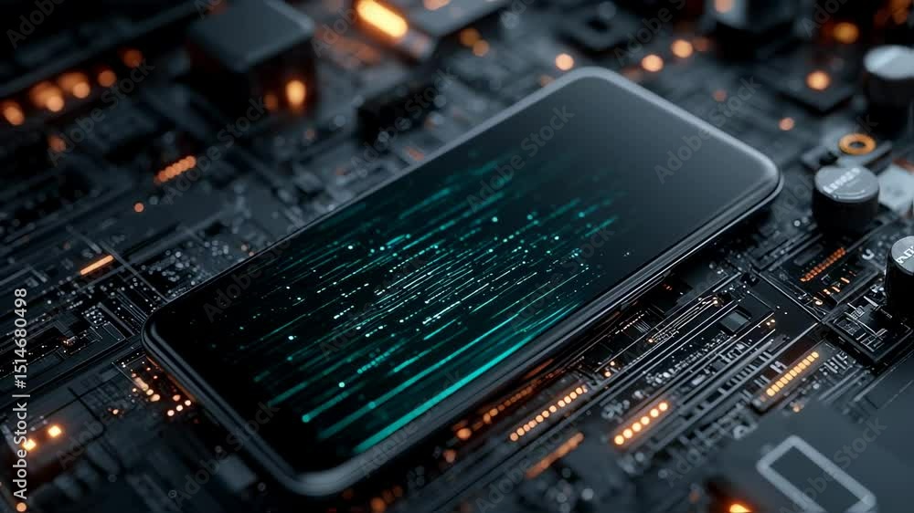 Poster innovative smartphone displaying advanced technological prowess with integrated circuit details offe