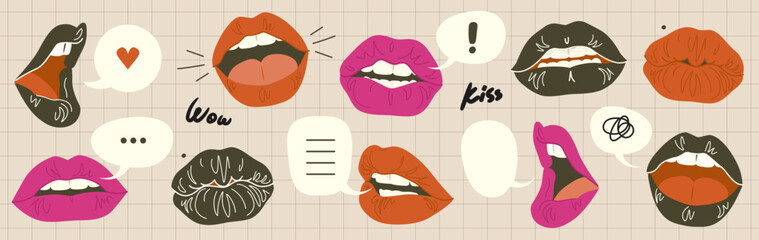Set of hand drawn mouths and lips with speech bubbles isolated on background. Conversation design elements in retro colors. Paper cut shapes, pop art style. Vector illustration