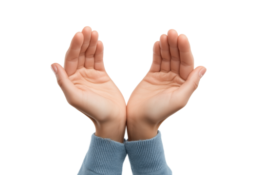 Two open hands, palms facing up, poised in a gesture of offering or receiving, Isolated on transparent Background
