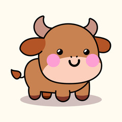 Adorable cartoon illustration of a happy smiling brown ox, bull, or calf. Cute kawaii farm animal character perfect for kids, nursery decor, and design projects. Isolated vector style.