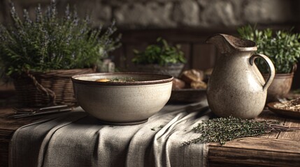 Rustic kitchen table scene with brunch bowl, ceramic jug, herbs, and linen runner